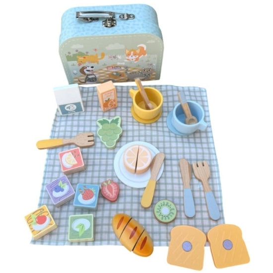 TOOKY TOY Medinis pikniko rinkinys lagamine: pusryčių reikmenys ir vaisiai pjaustymui – vaizdas 3
