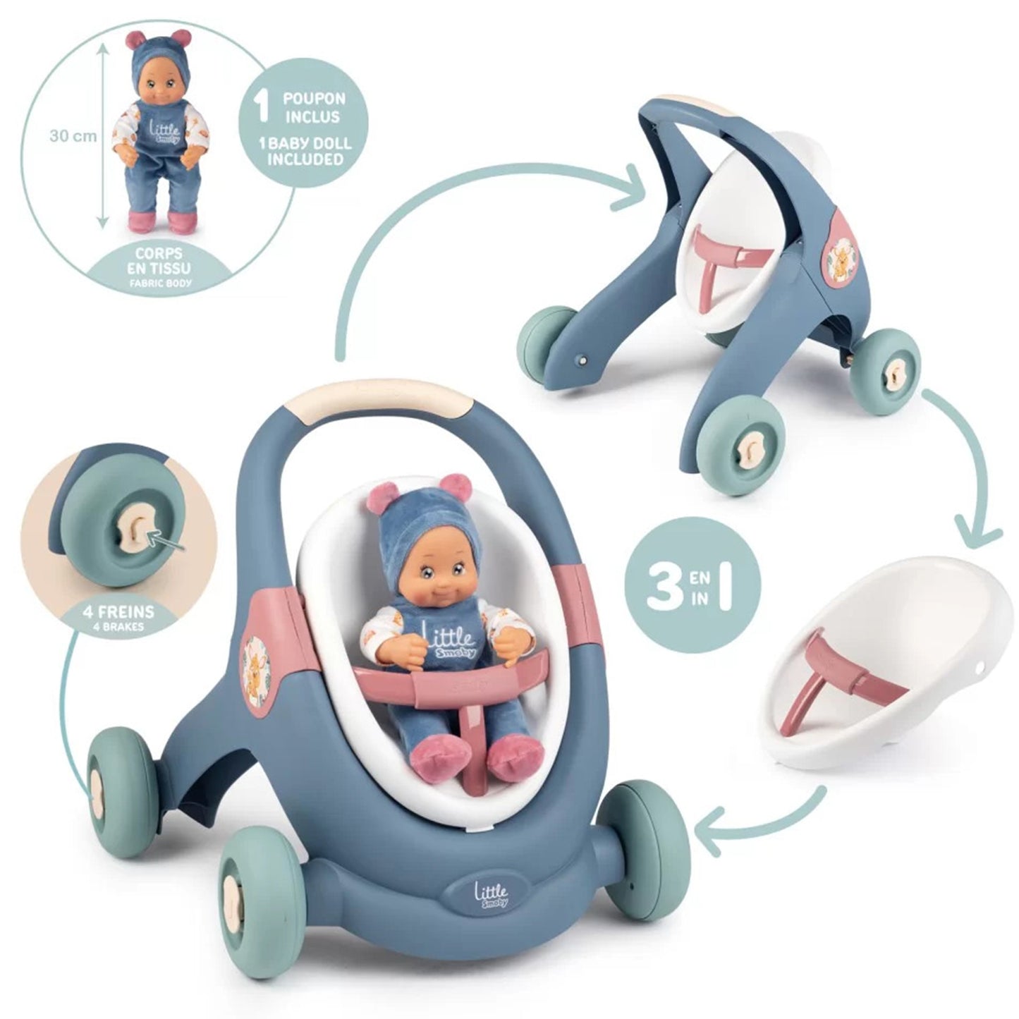 SMOBY Little Vaikštynė-stumdukas 3in1 su vežimėliu ir lėle kūdikiu – pagrindinis vaizdas