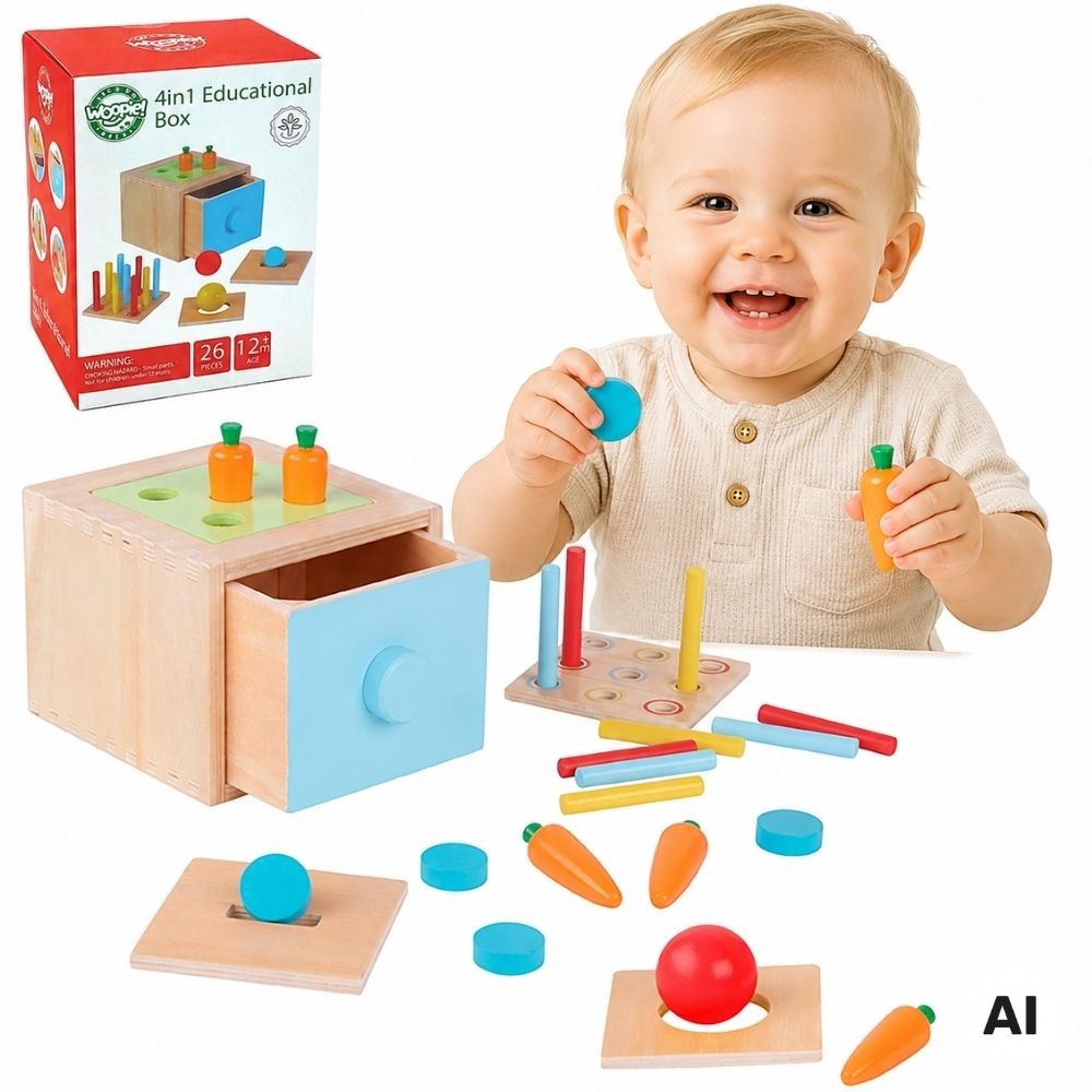 WOOPIE Medinė lavinamoji dėžutė 4in1 Montessori rūšiuoklis su morkytėmis