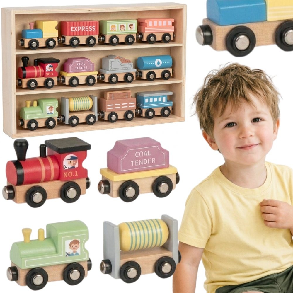 TOOKY TOY Mediniai magnetiniai vagonai, 12 dalių rinkinys