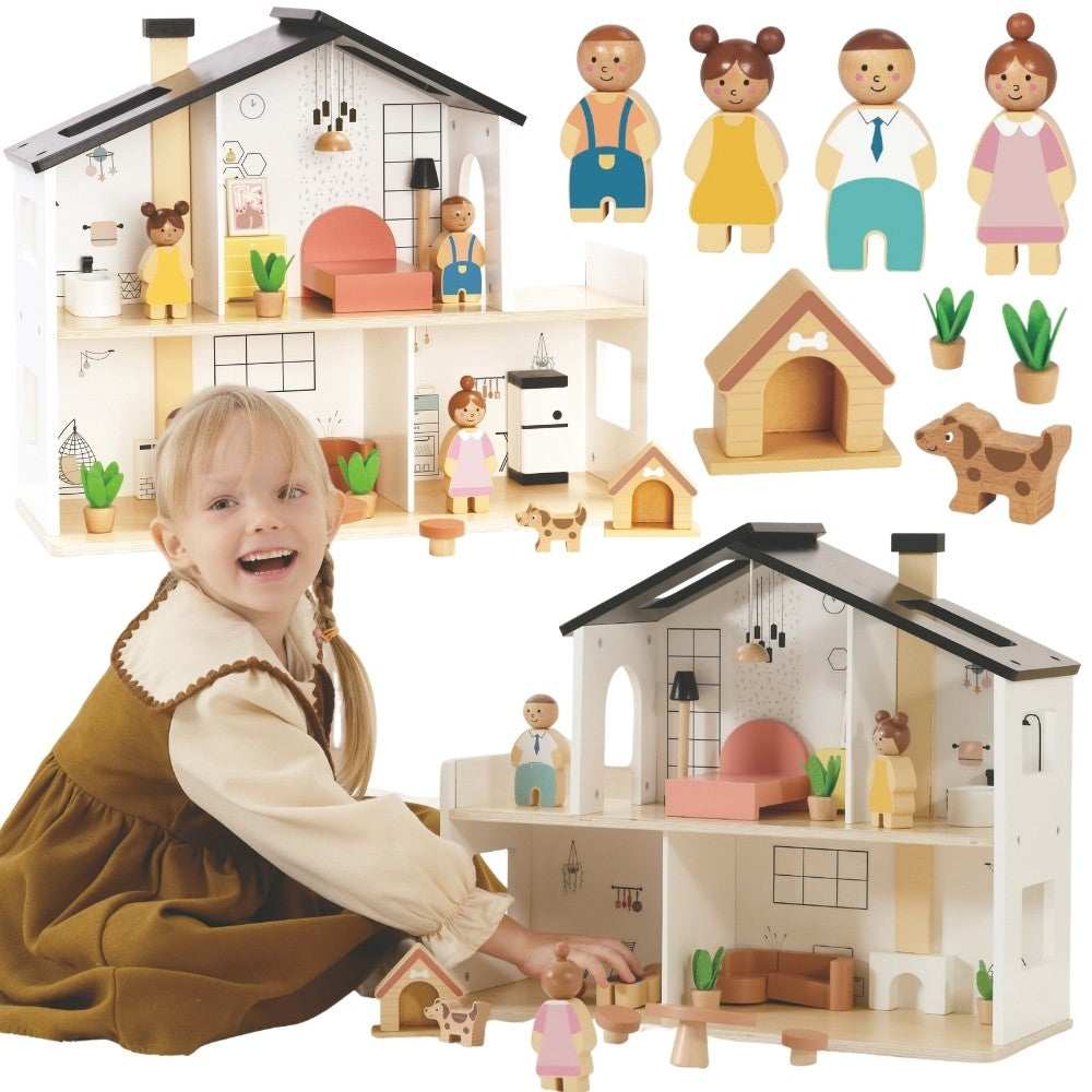TOOKY TOY Medinis Lėlių Namas su Šeima ir Priedais 20 vnt.