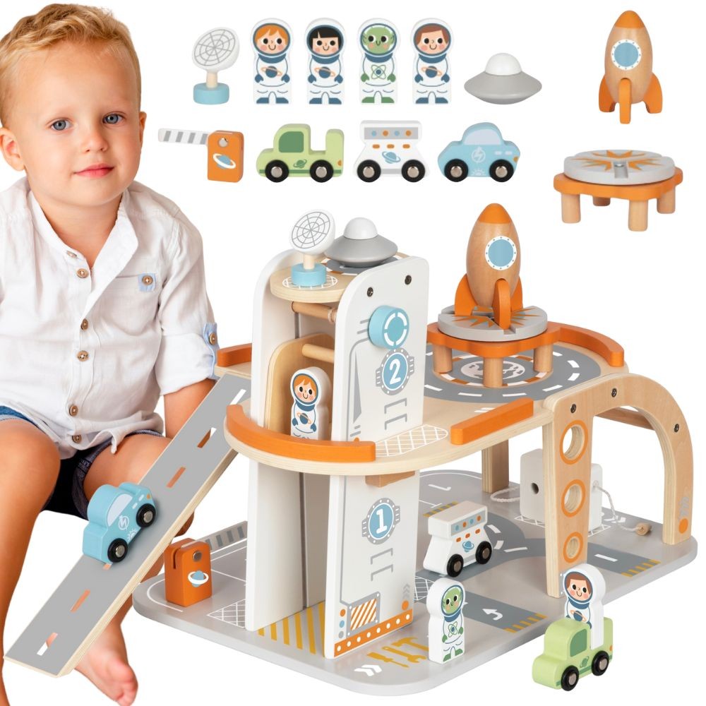 TOOKY TOY Medinė Kosminė Parkavimo Stotelė su Rakete