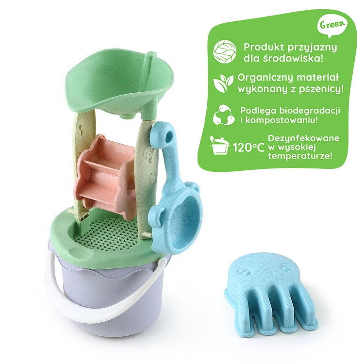 WOOPIE GREEN smėlio žaidimų rinkinys kibirėlyje su malūnėliu, 9 el., pagamintas iš biologiškai skaidžios organinės medžiagos