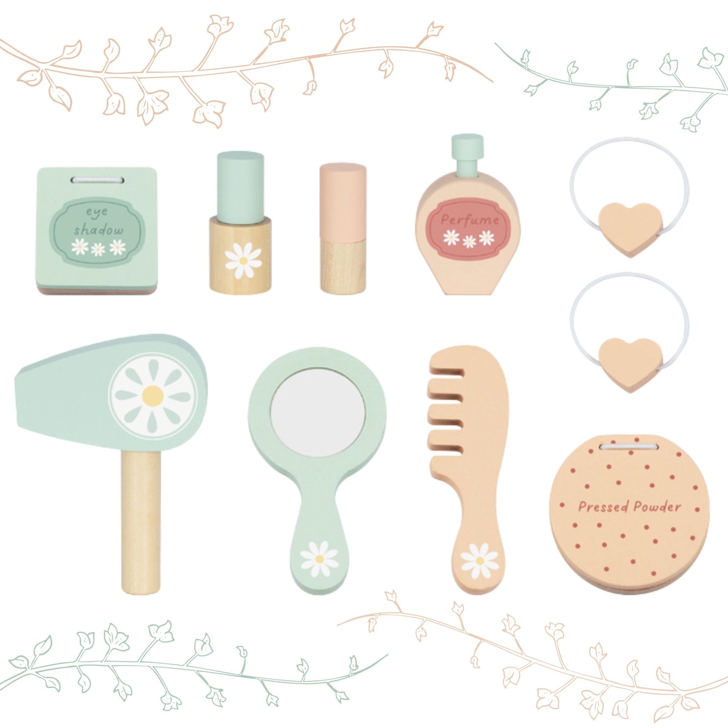 TOOKY TOY Medinis kosmetinis staliukas su kėdute, LED veidrodžiu ir kosmetikos rinkiniu – vaizdas 6