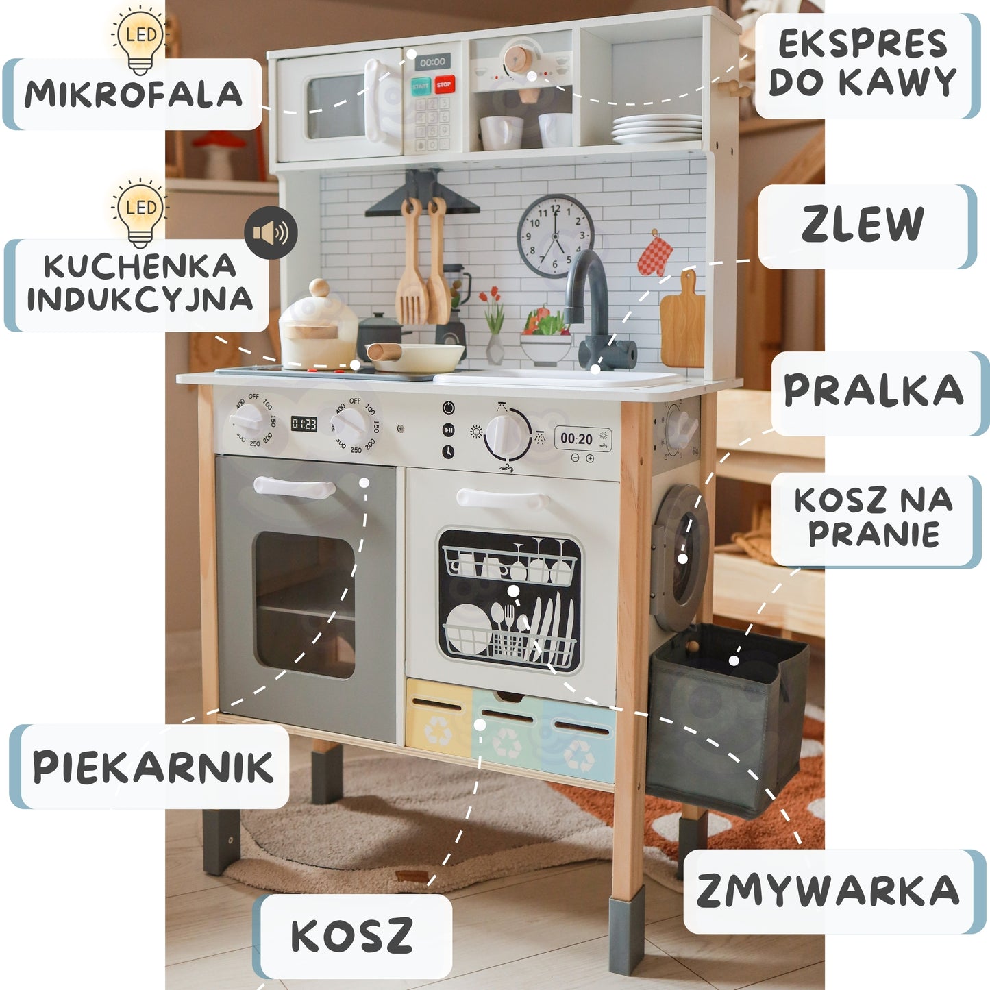 WOOPIE GREEN Medinė interaktyvi virtuvėlė 9in1 su skalbimo mašina ir lenta – vaizdas 3