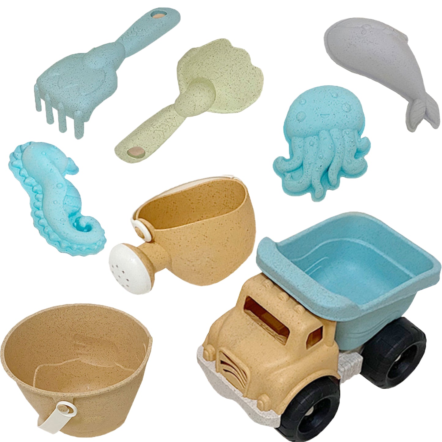 Woopie Green ekologiškas smėlio žaislų rinkinys su kibirėliu ir savivarčiu – 8 dalys – pagrindinis vaizdas