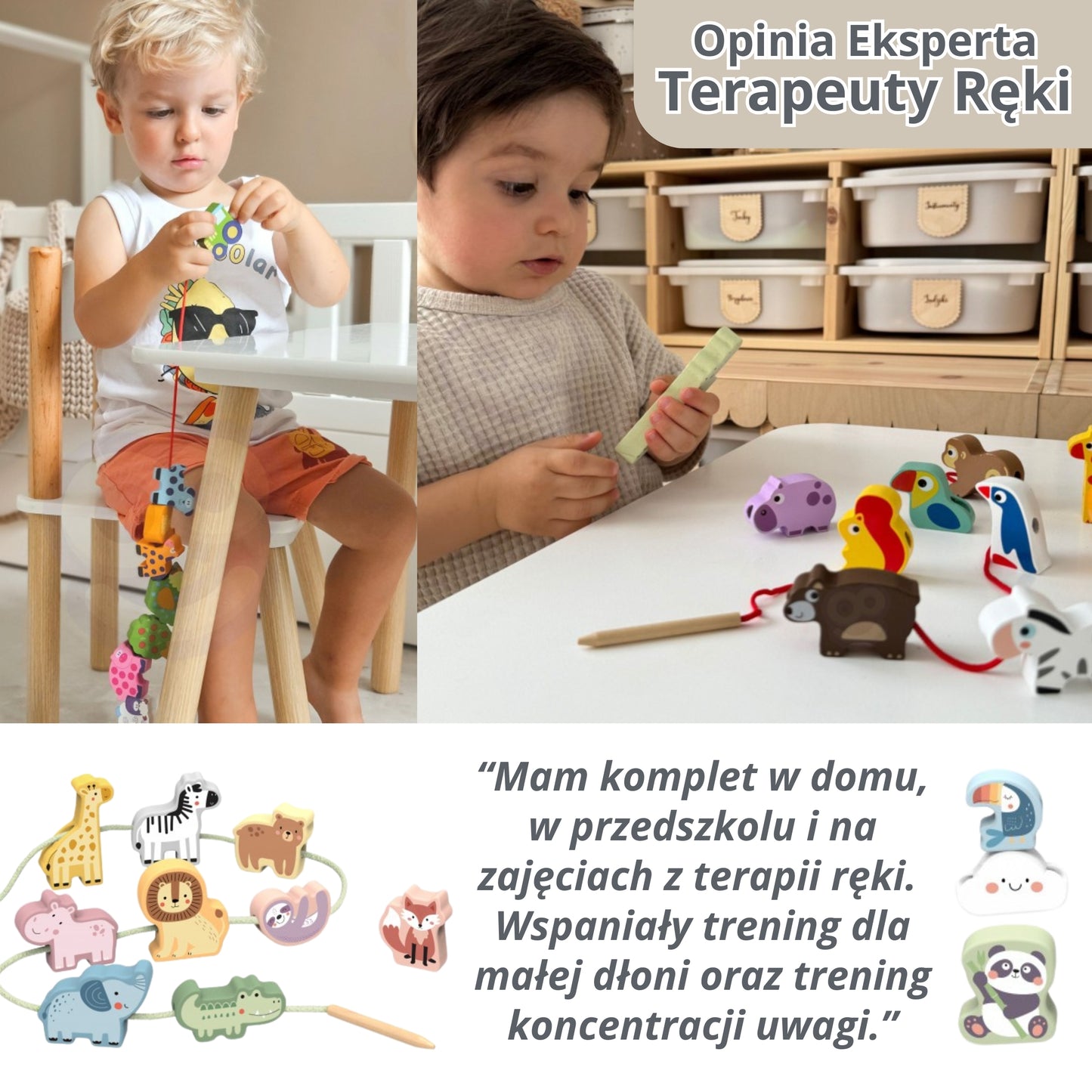 WOOPIE Medinės vėrimo kaladėlės „Ūkio gyvūnai“, medinis pagrindas – vaizdas 4
