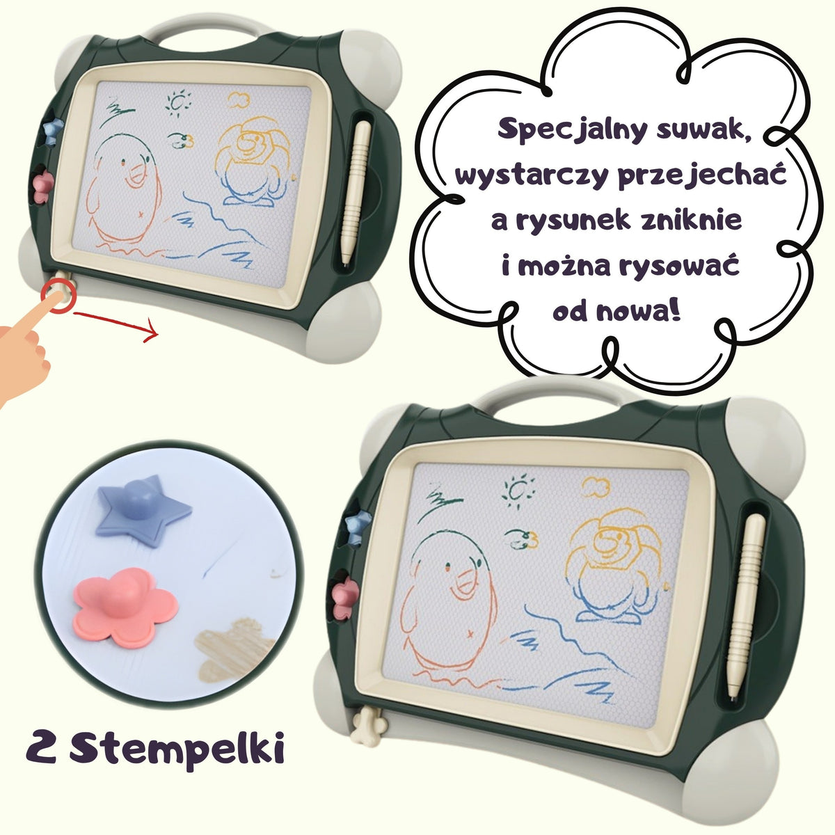 WOOPIE Magnetinė Rašymo Lenta su 2 Žaliais Antspaudais