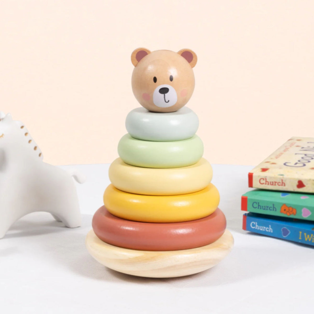 TOOKY TOY Medinė Sensorinė Piramidė su Meškiuku Kūdikiams 12M+