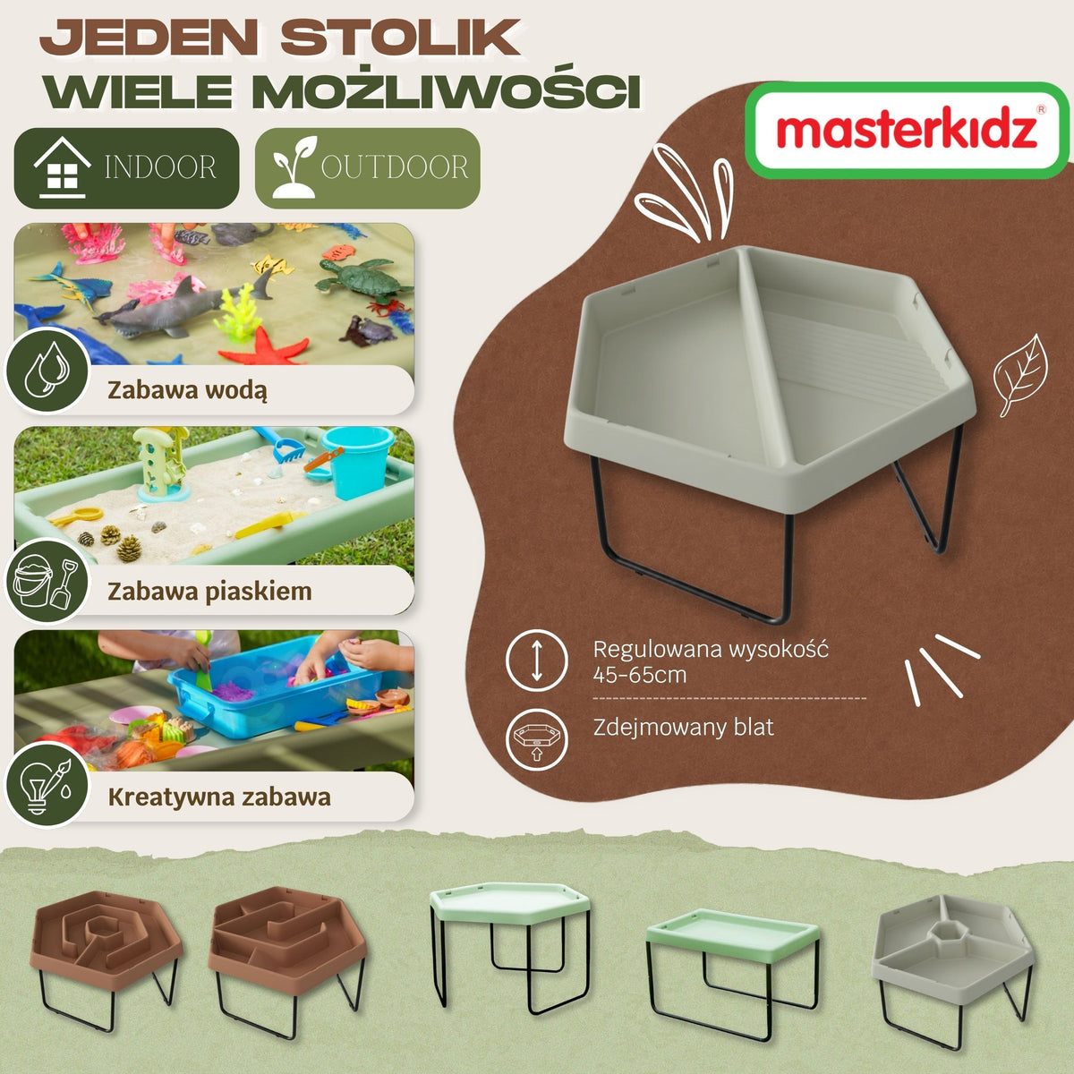 MASTERKIDZ Šešiakampis sensorinis stalas smėliui ir vandeniui, 2 skyriai
