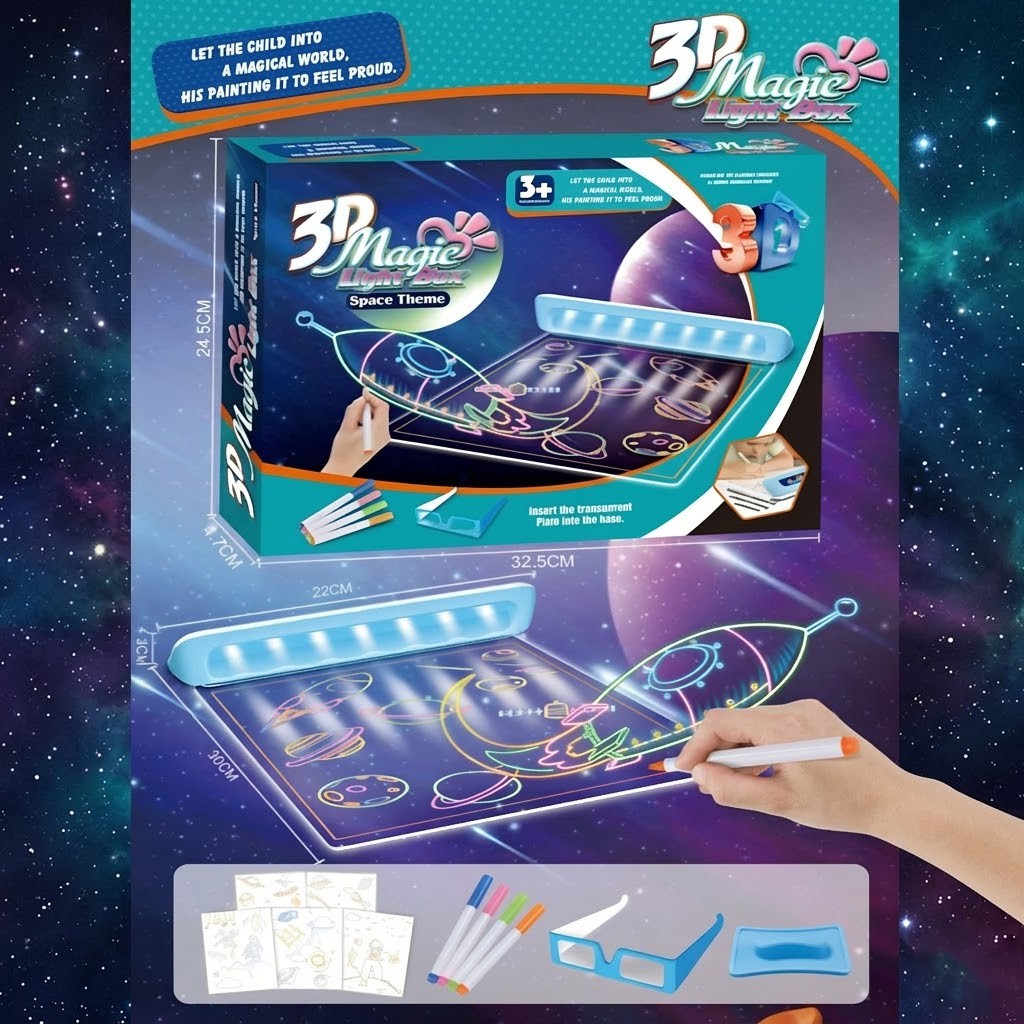 WOOPIE 3D Magnetinė Piešimo Lenta su LED Apšvietimu Kosmoso Tema