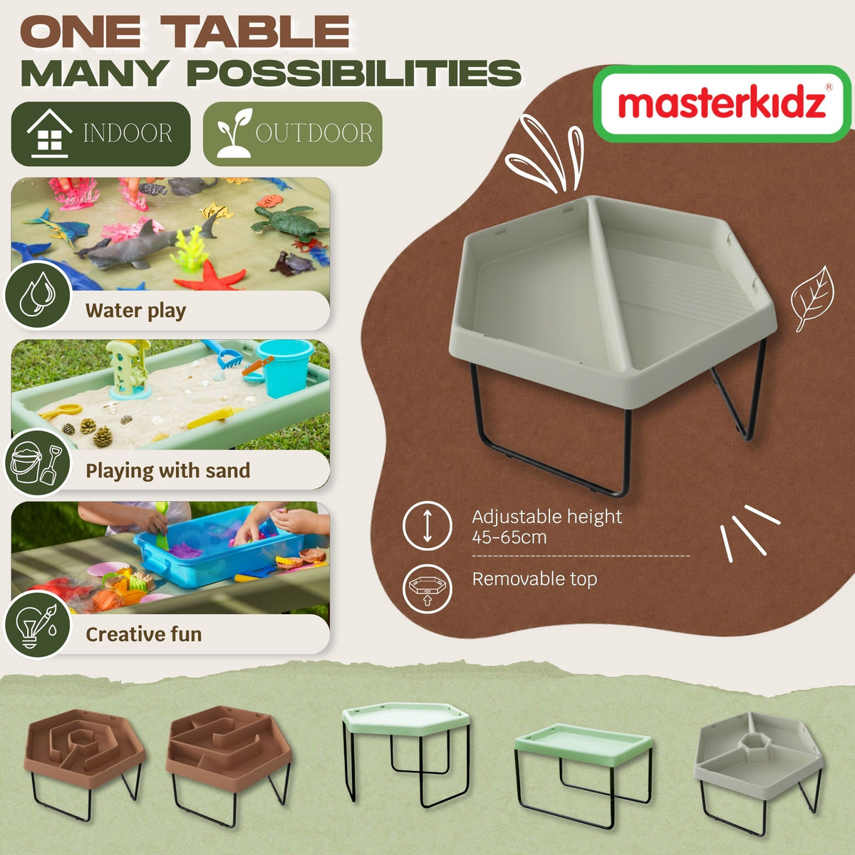 MASTERKIDZ Šešiakampis sensorinis stalas smėliui ir vandeniui, 2 skyriai
