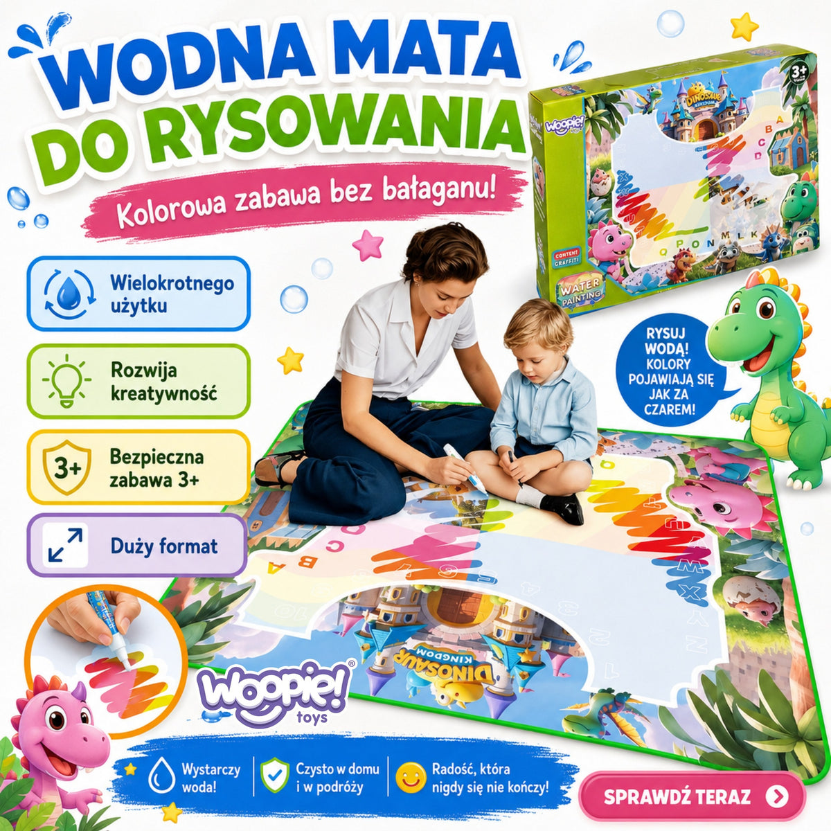 WOOPIE Vandeninis Piešimo Kilimėlis su Dinozaurais ir Priedais