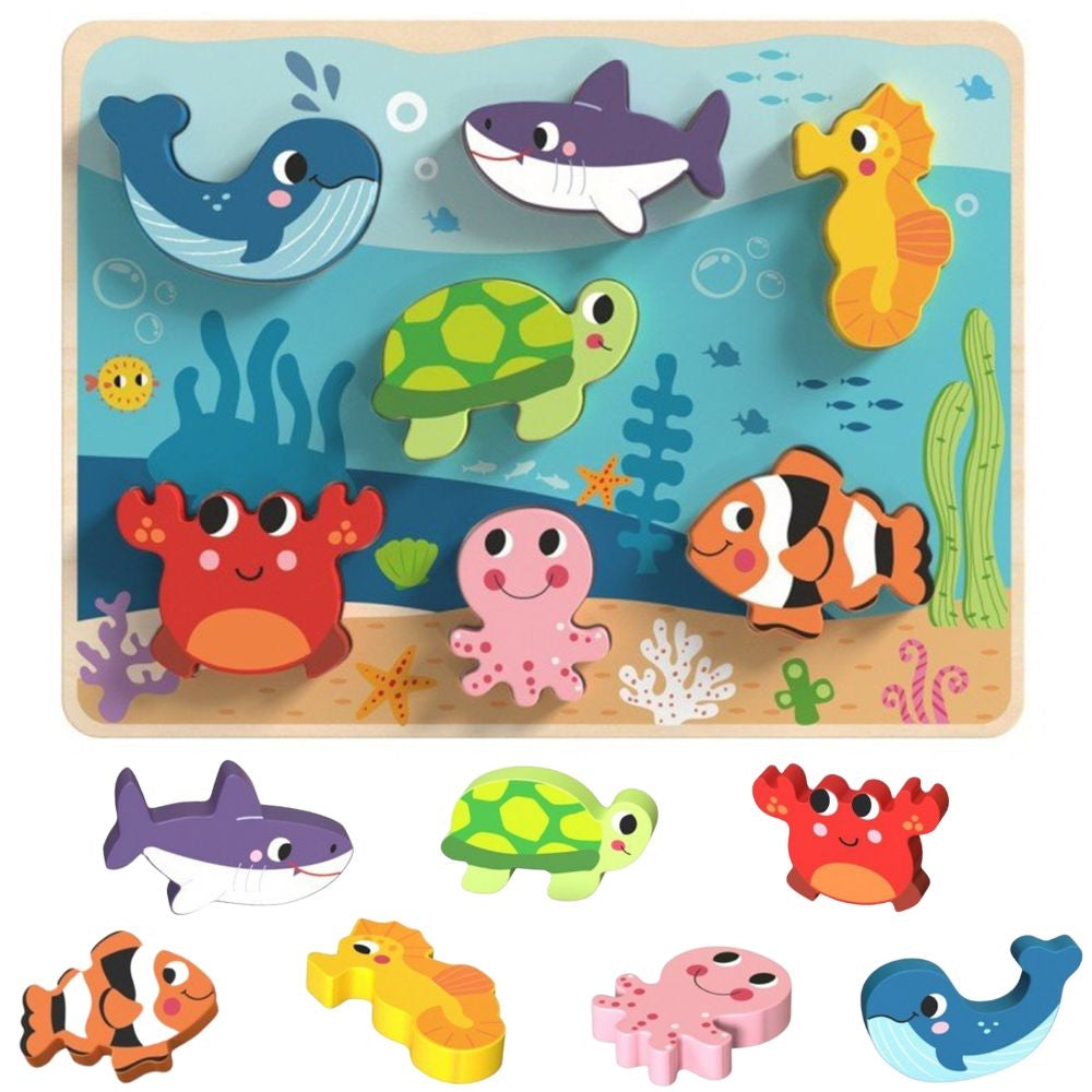 TOOKY TOY medinė Montessori formų dėlionė „Jūros pasaulis“ (7 elementai: žuvytės, vėžliukas) – pagrindinis vaizdas