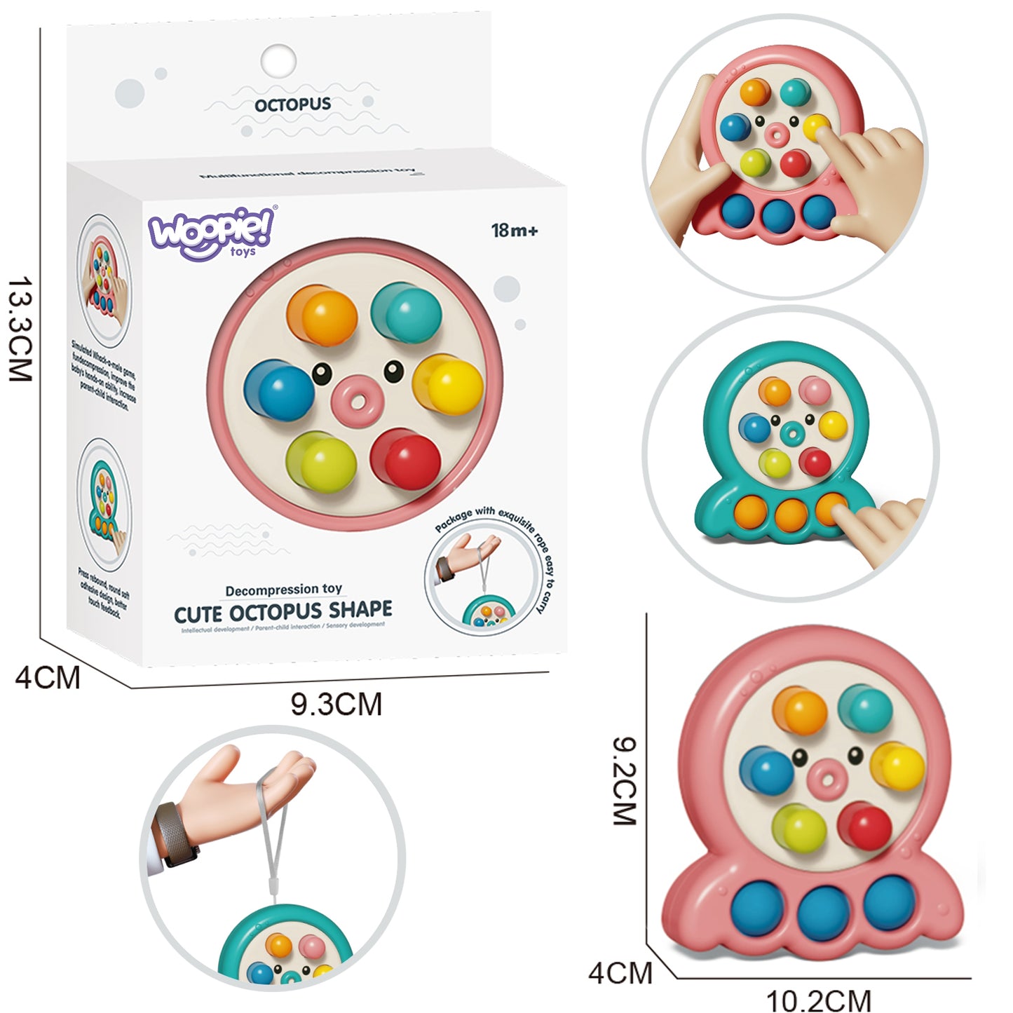 WOOPIE Reakcijos žaidimas „Spausk kurmį“ su virvele, aštuonkojis, rožinis 2in1, elementai iš arčiau – vaizdas 5