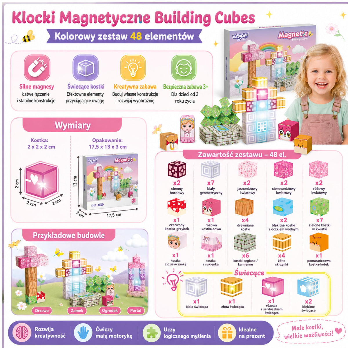 Woopie Magnetiniai kubeliai 48 vnt. Montessori 3D dėlionė