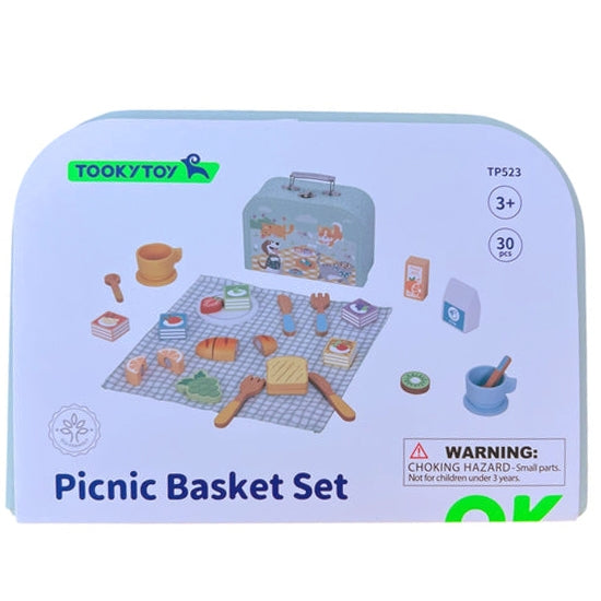 TOOKY TOY Medinis pikniko rinkinys lagamine: pusryčių reikmenys ir vaisiai pjaustymui – vaizdas 6