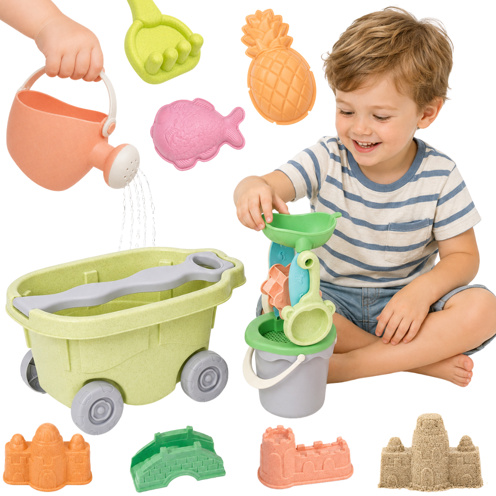 WOOPIE GREEN Smėlio žaislų rinkinys su vežimeliu, 13 dalių, ekologiškas