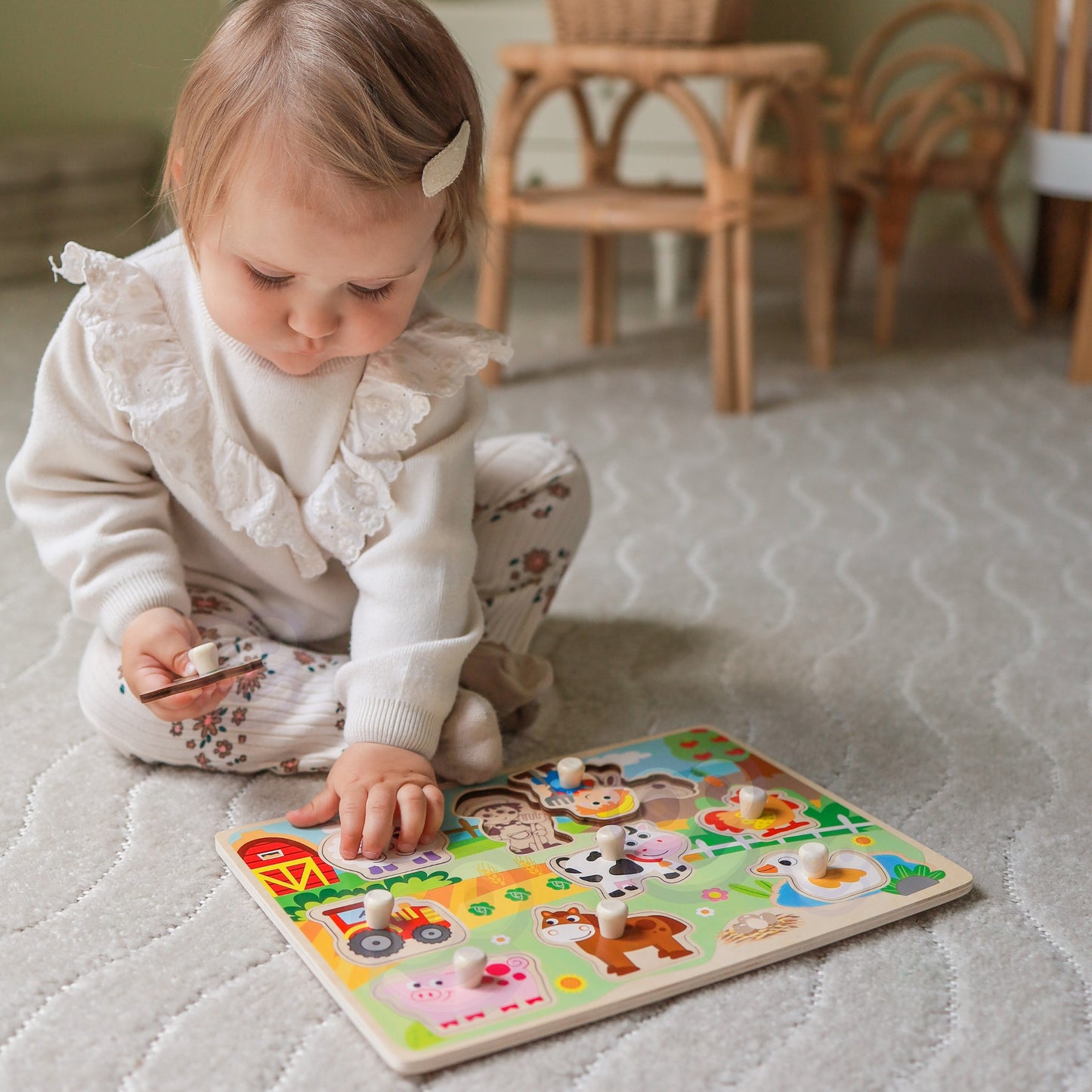WOOPIE GREEN Medinė Montessori Ūkio Dėlionė su Rankenėlėmis