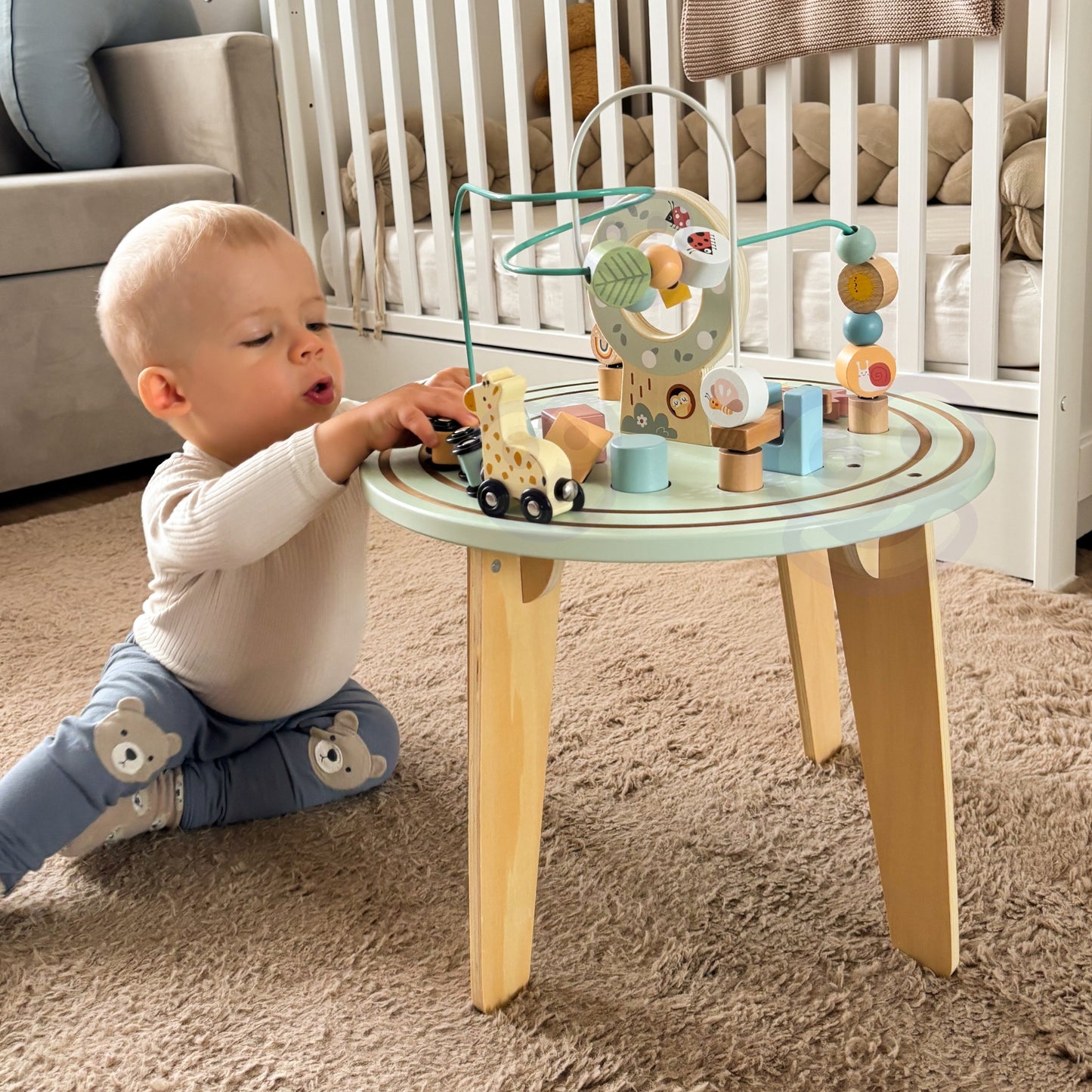 TOOKY TOY Didelis medinis Montessori edukacinis staliukas su interaktyviu traukinuku, skirtas vaikams nuo 2 metų – vaizdas 3