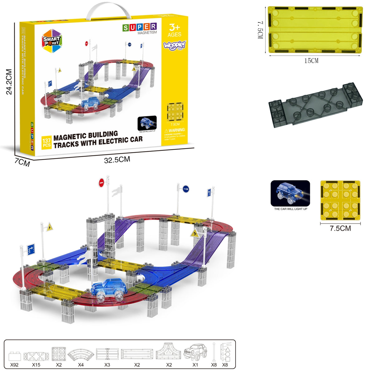 WOOPIE Magnetinė Lenktynių Trasa su LED Automobiliu, 137 el.