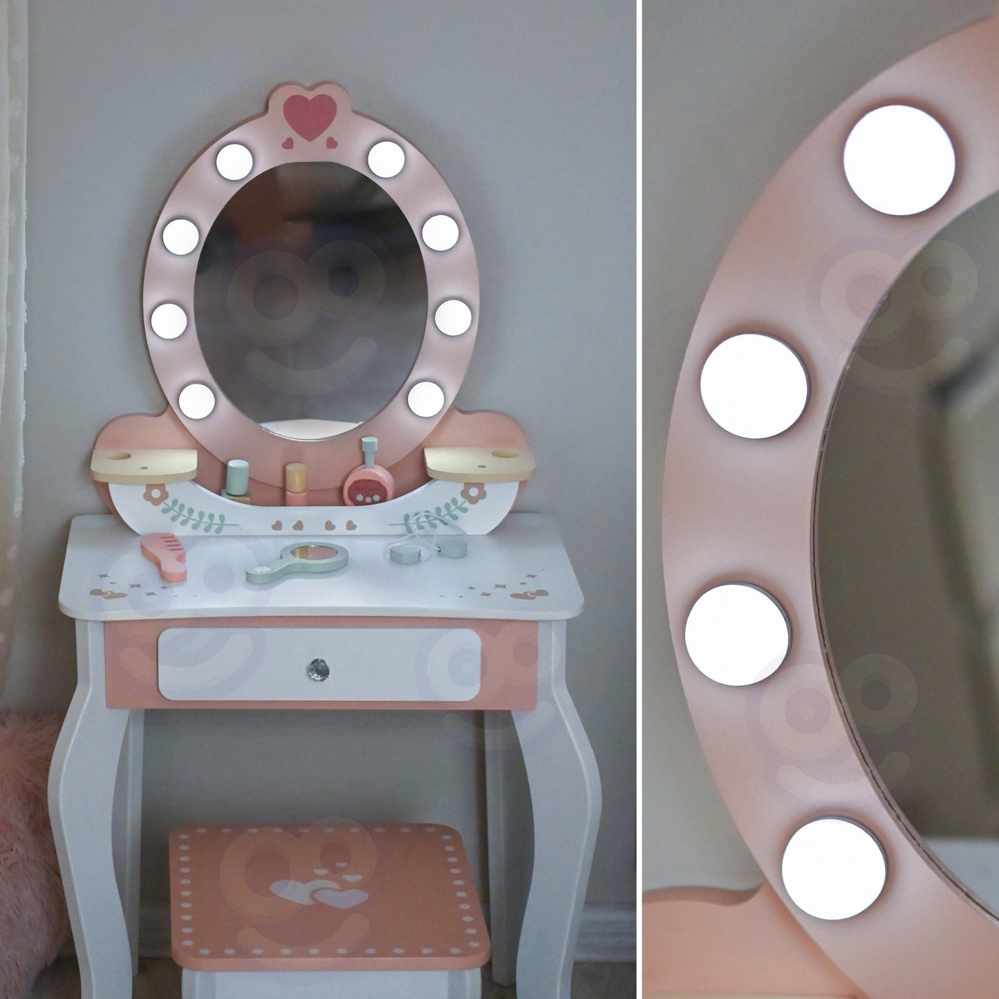TOOKY TOY Medinis kosmetinis staliukas su kėdute, LED veidrodžiu ir kosmetikos rinkiniu – vaizdas 4
