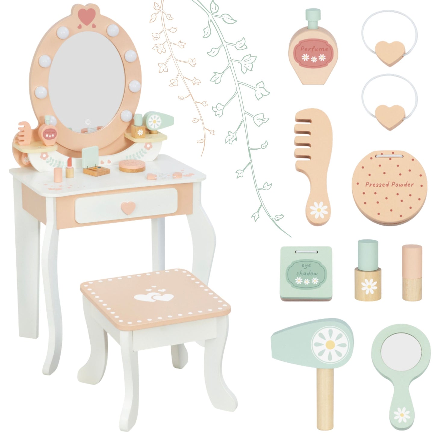 TOOKY TOY Medinis kosmetinis staliukas su kėdute, LED veidrodžiu ir kosmetikos rinkiniu – vaizdas 5