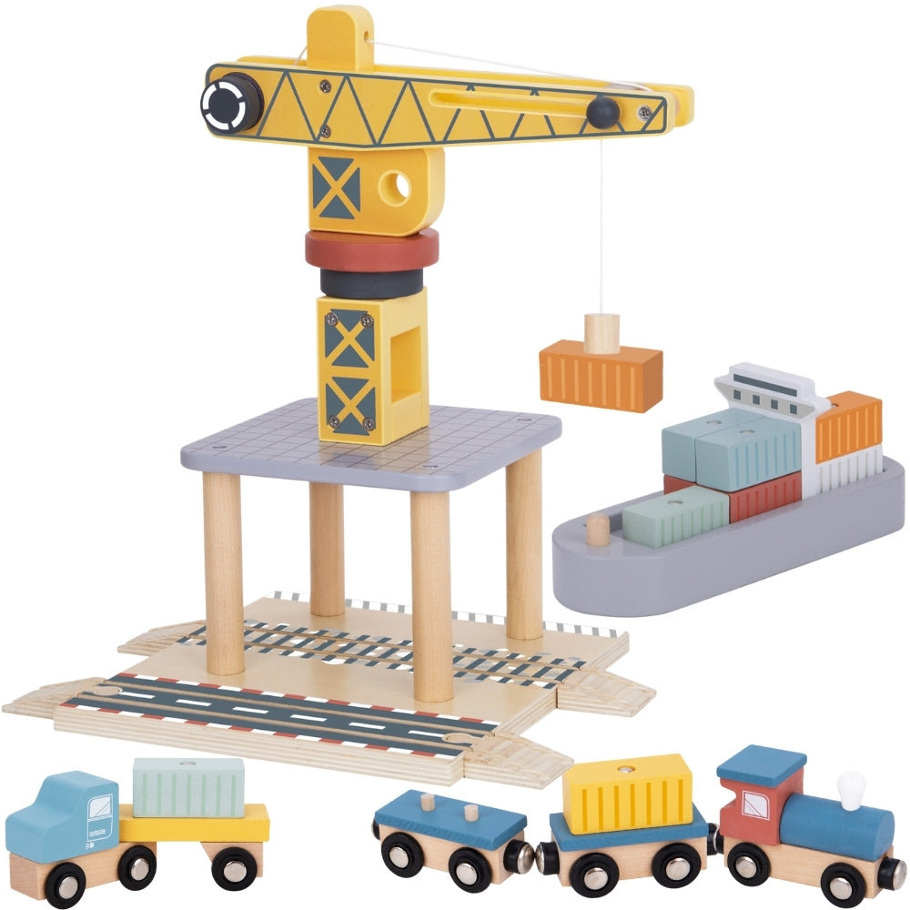 TOOKY TOY Medinis 4in1 rinkinys: XL uosto kranas, laivas, sunkvežimis ir traukinukas su magnetais – pagrindinis vaizdas