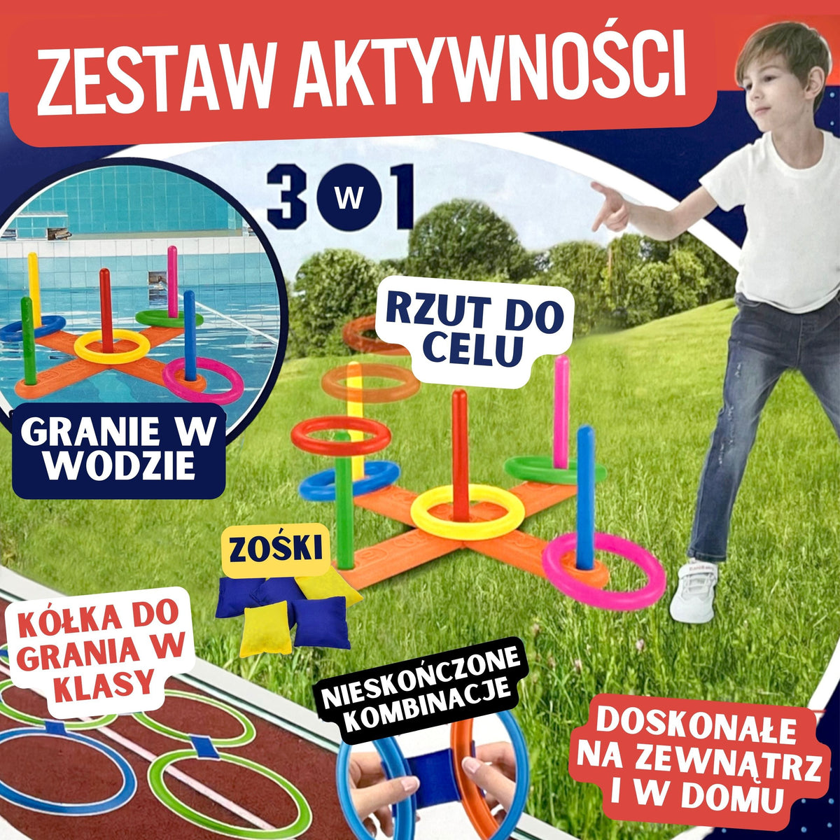 WOOPIE 3in1 lauko žaidimų rinkinys: taikinys, klasės, žirgeliai