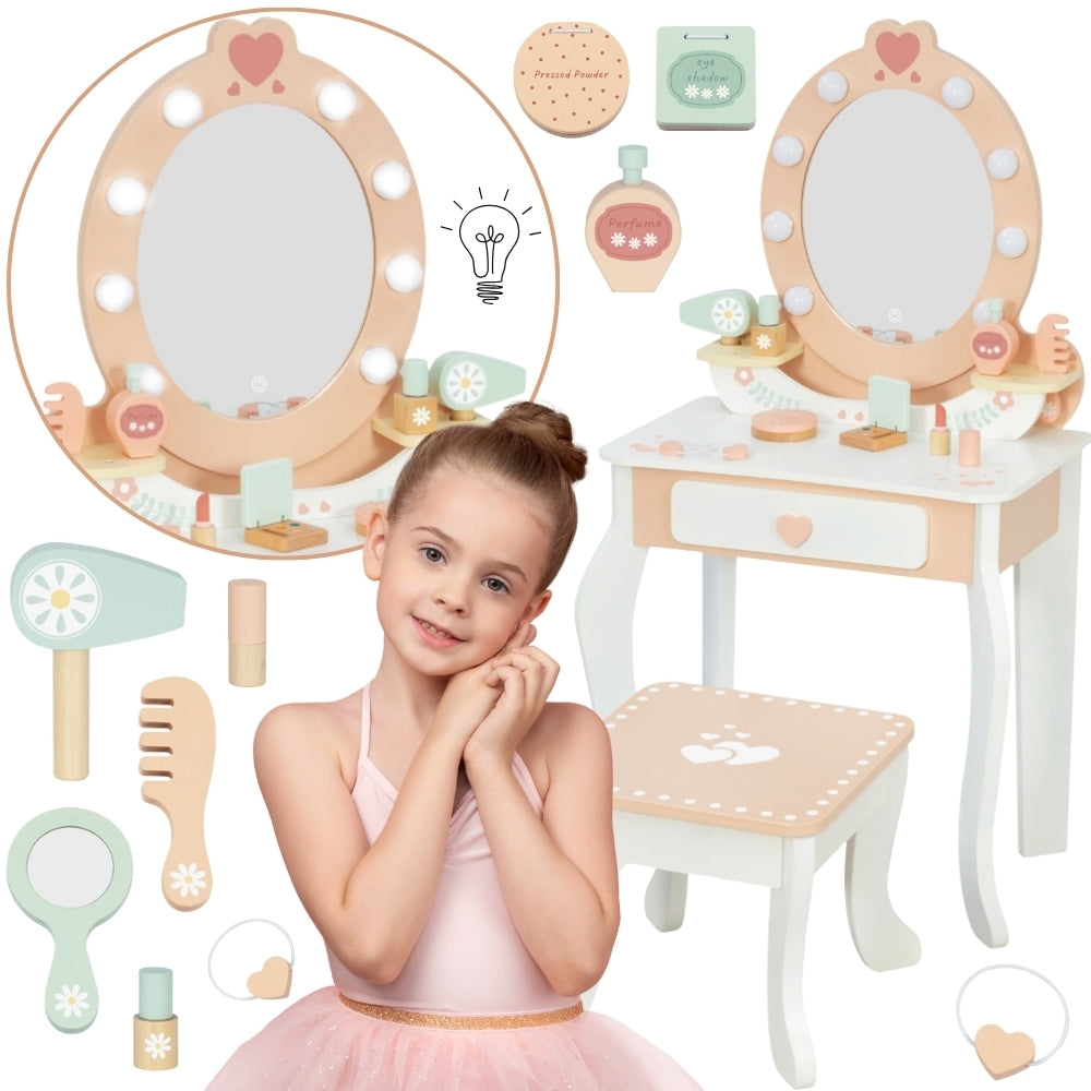 TOOKY TOY Medinis kosmetinis staliukas su kėdute, LED veidrodžiu ir kosmetikos rinkiniu – pagrindinis vaizdas