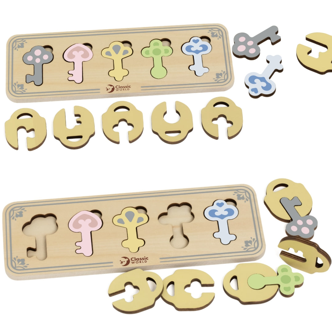 CLASSIC WORLD Medinė sensorinė dėlionė Montessori Raktai ir spynos – pagrindinis vaizdas