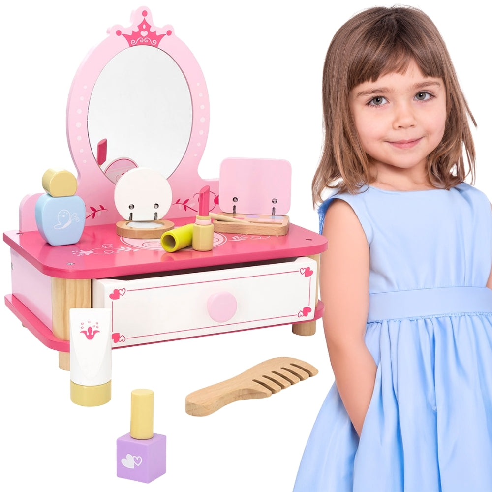 VIGA Medinis rožinis kosmetinis staliukas su veidrodžiu ir makiažo priedais – pagrindinis vaizdas