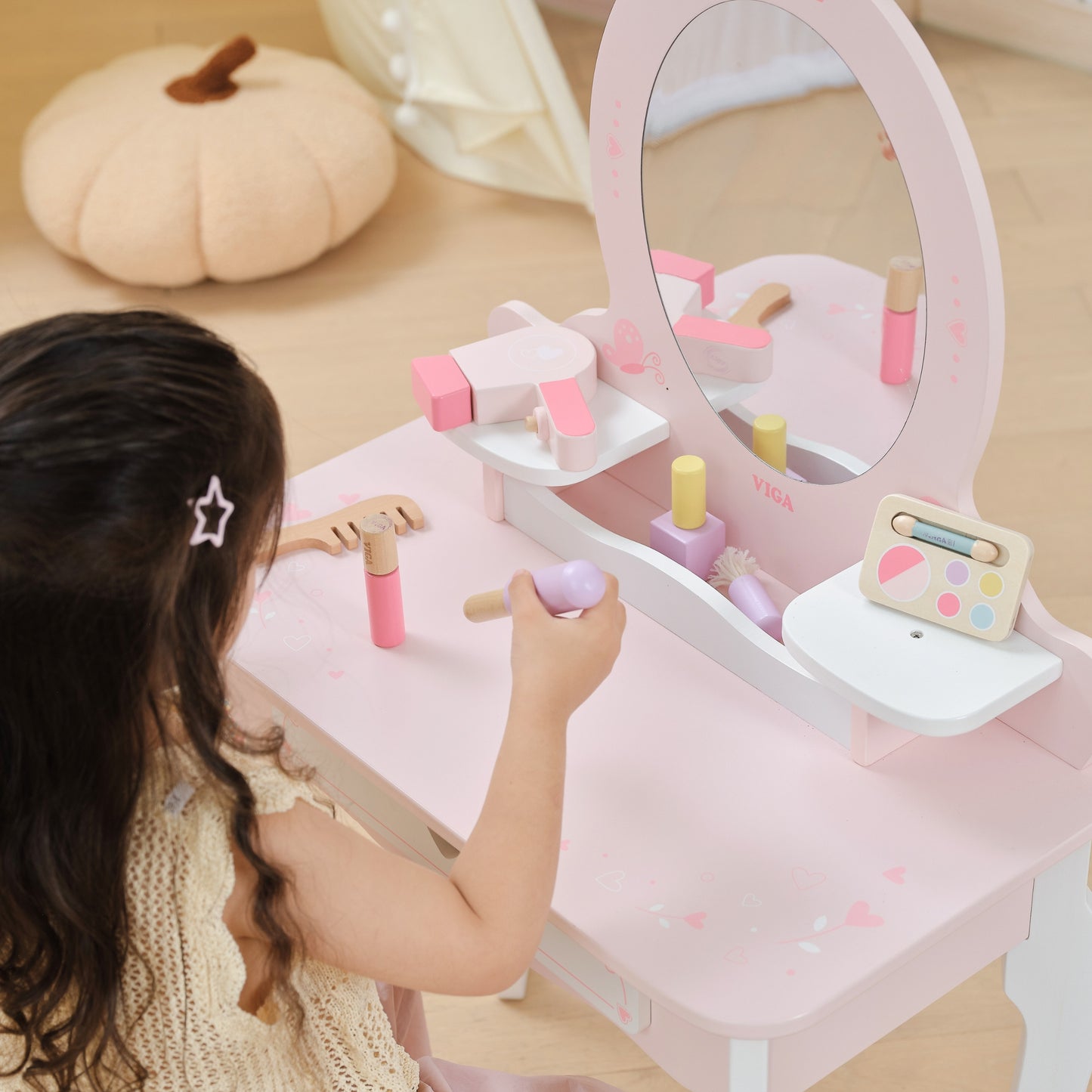 VIGA Didelis medinis kosmetinis staliukas, baltas/rožinis, su pudrine – vaizdas 9