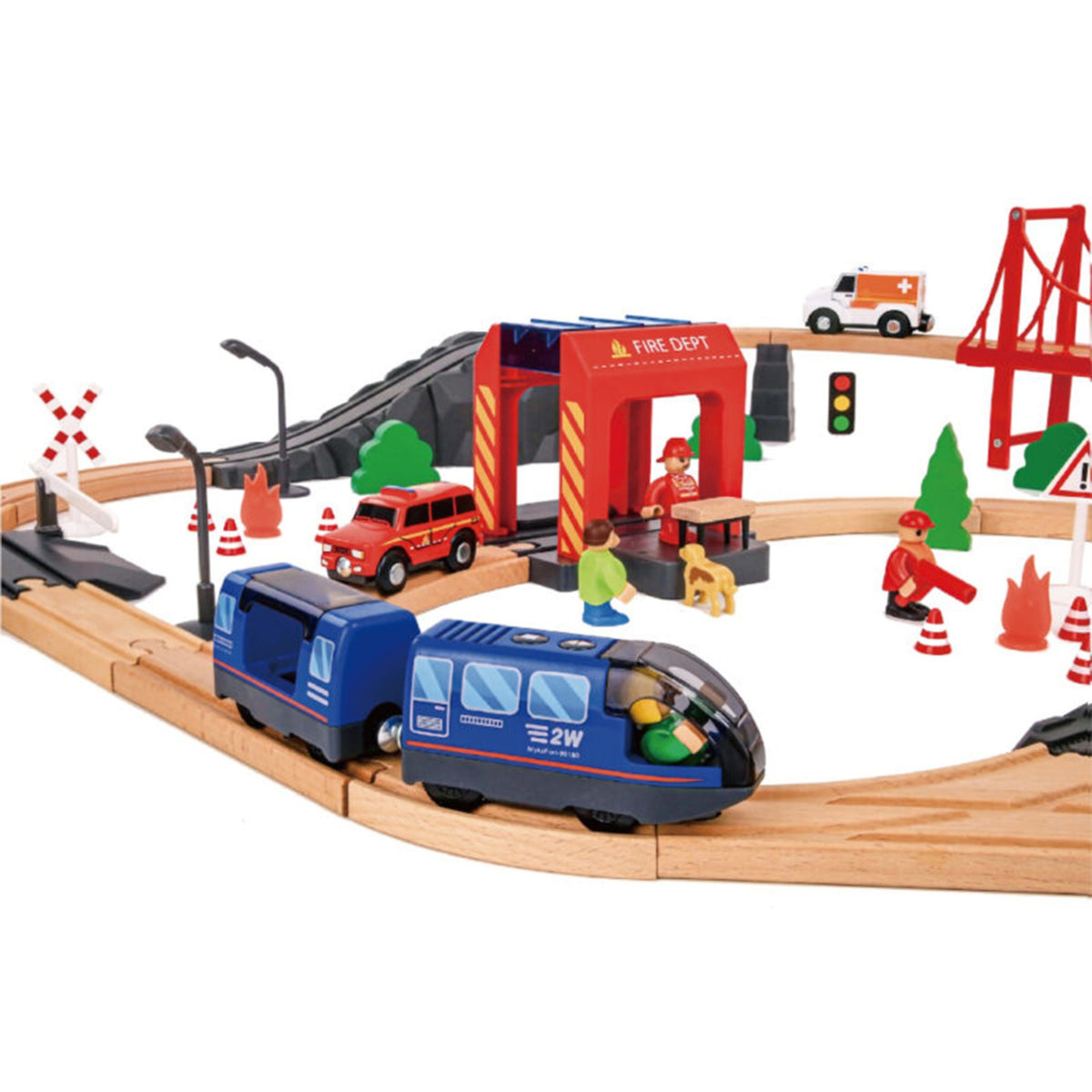 Tooky Toy Elektrinis medinis traukinys su ugniagesių tema, 70 dalių