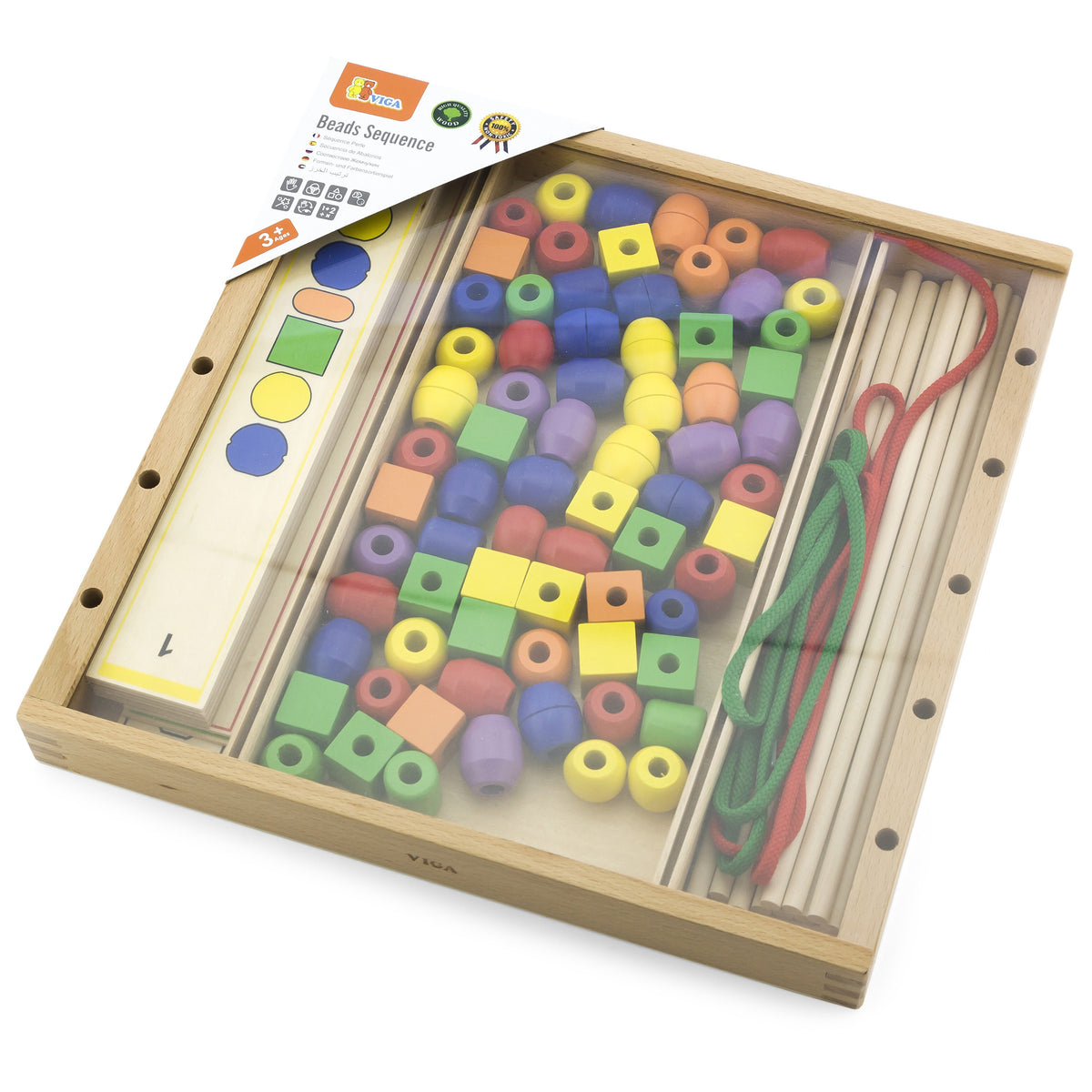 VIGA Mediniai Lavinamieji Karoliukai 104 vnt. Montessori Loginiai Raštai