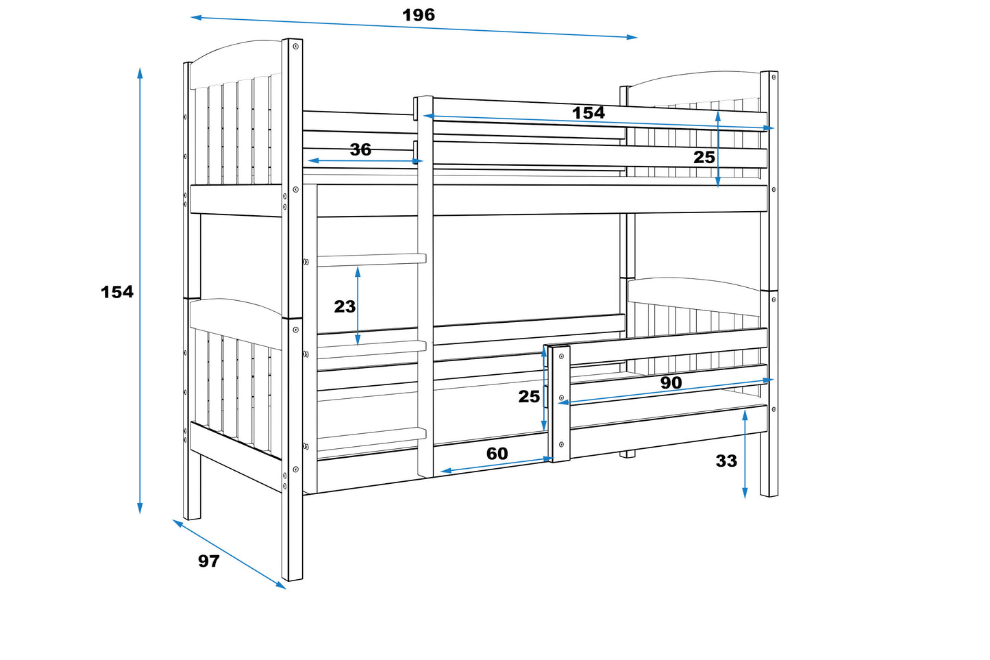 Dviaukštė lova 190x90 cm su čiužiniais, balta – vaizdas 3