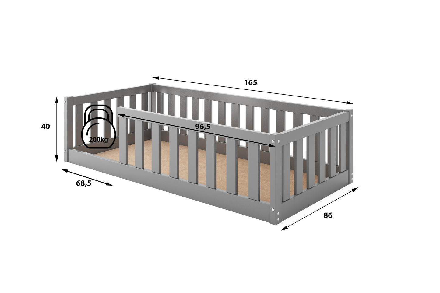 Bella Sima viengulė vaikiška lova 80x160 su čiužiniu, grafito spalvos – vaizdas 2