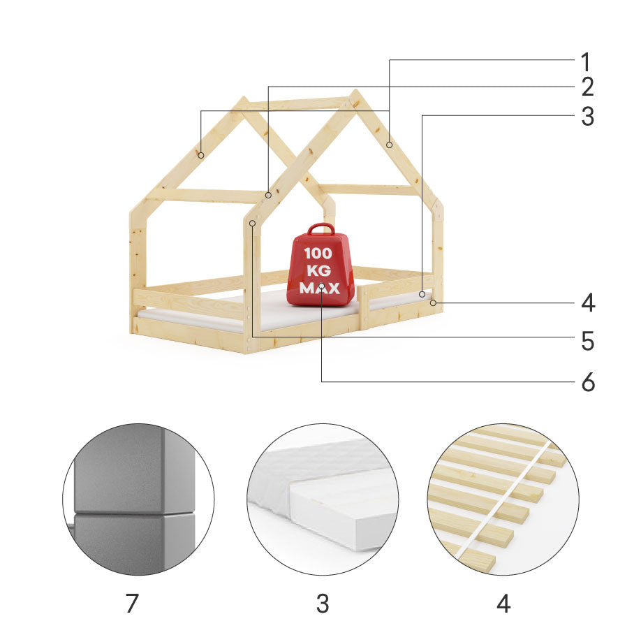 Natūralios medienos vaikiška Lova namelis, 160x80 cm, dalys – vaizdas 4