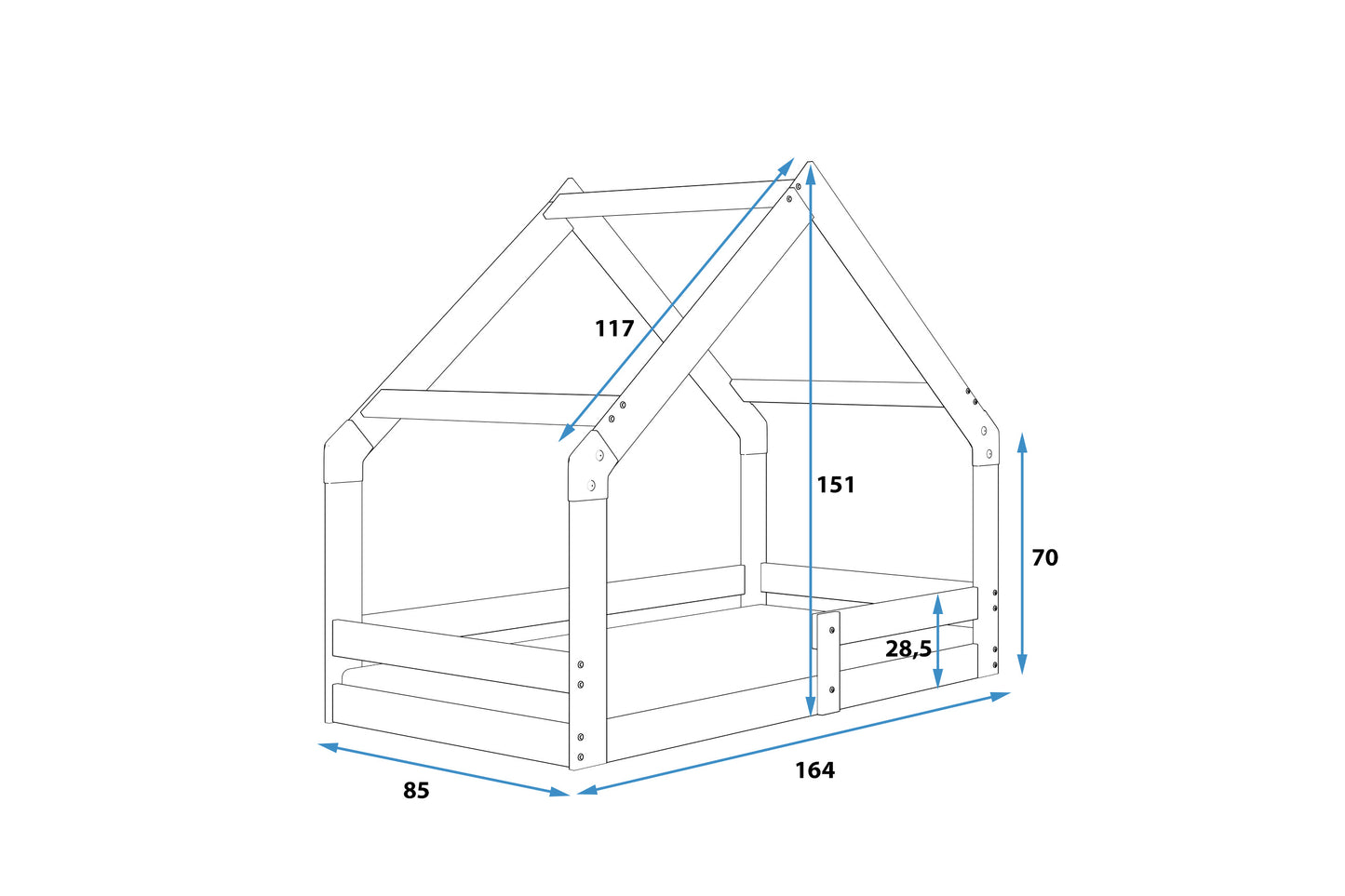 Natūralios medienos vaikiška Lova namelis, 160x80 cm, matmenys – vaizdas 3