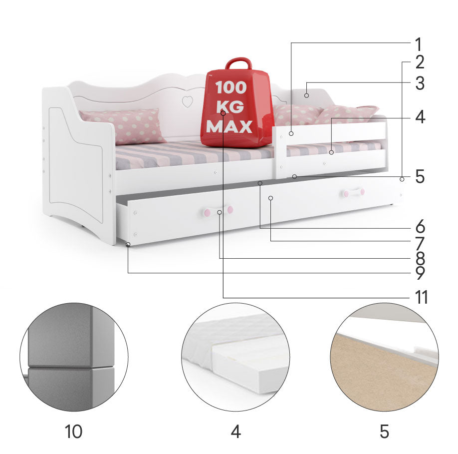 Mergaitiška vaikiška lova 80x160 su čiužiniu ir stalčiumi, balta – vaizdas 4