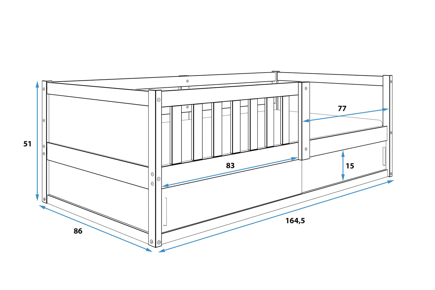Vienvietė vaikiška lova SMART 2, 80x160 cm, su čiužiniu ir daiktadėže, natūralaus medžio – vaizdas 2