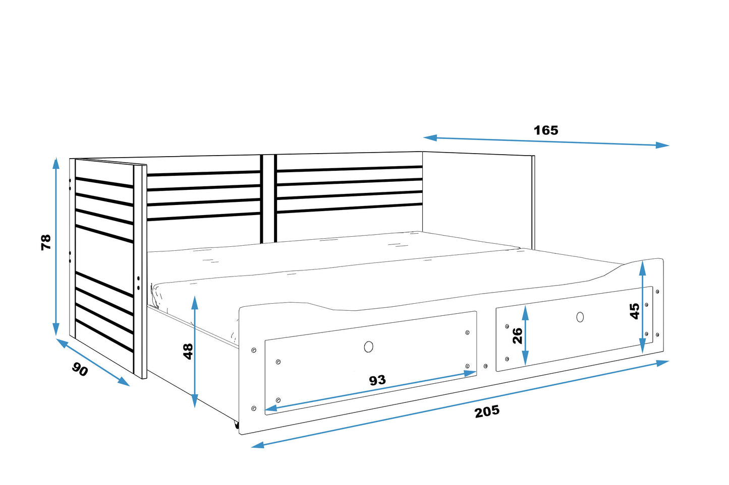 Išskleidžiama Hermes lova su čiužiniu ir stalčiais