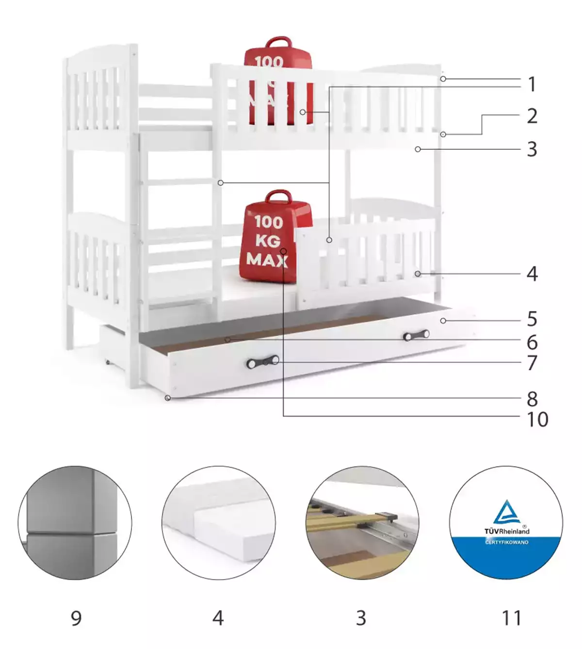 Dviaukštė lova 200x90 cm su čiužiniais ir stalčiumi, balta – vaizdas 2