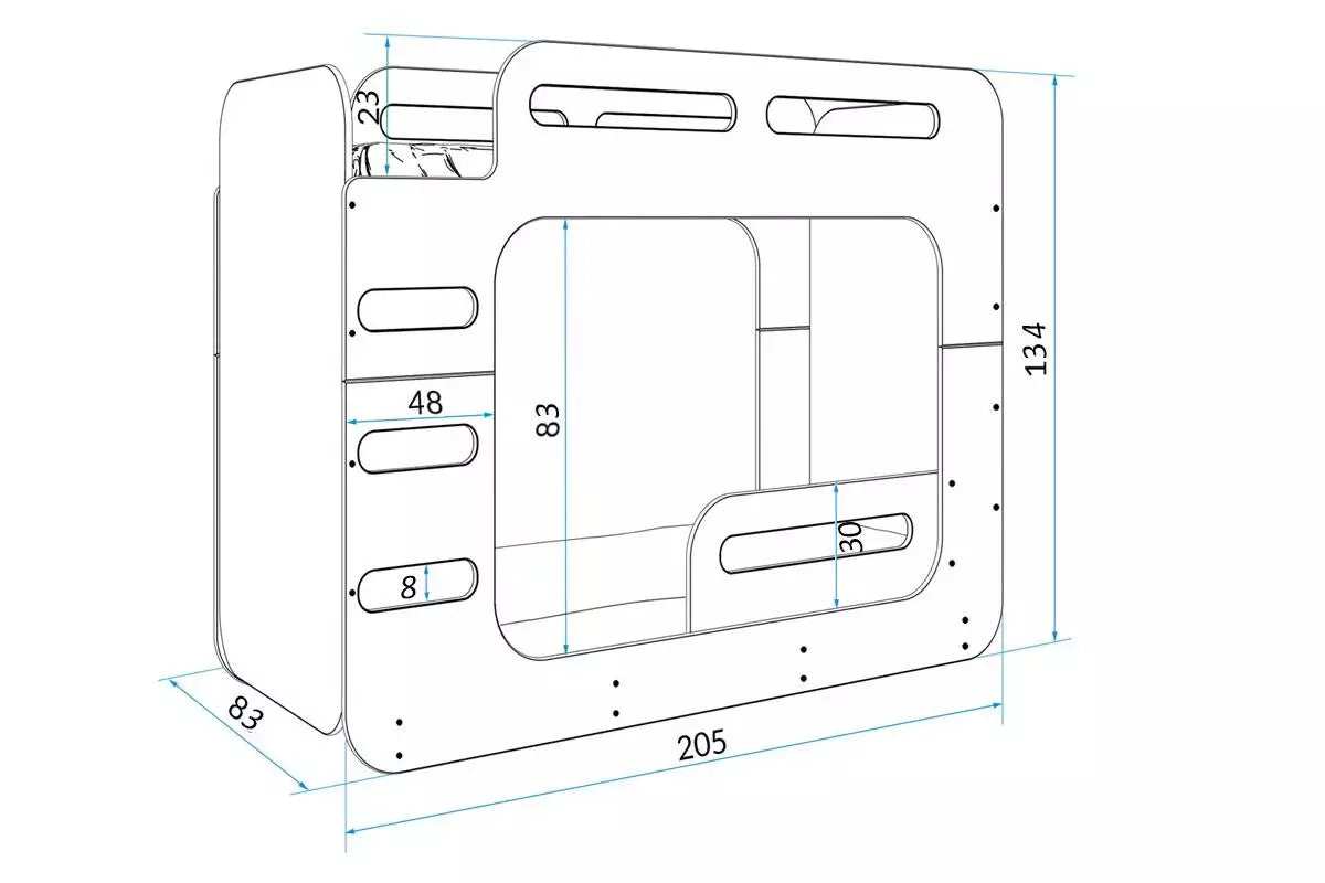 Dviaukštė jaunuolių lova MAX 2, 80x200 cm, su čiužiniais, matmenys – vaizdas 2