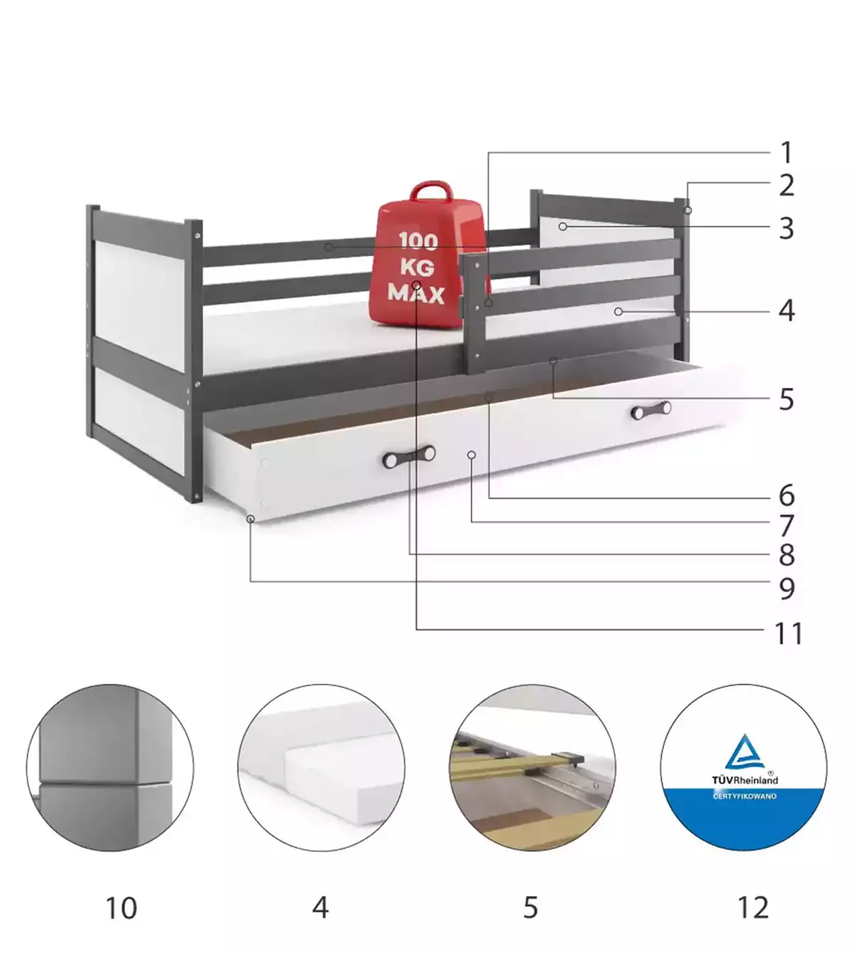Lova Rico 200x90 su stalčiumi ir čiužiniu – vaizdas 3