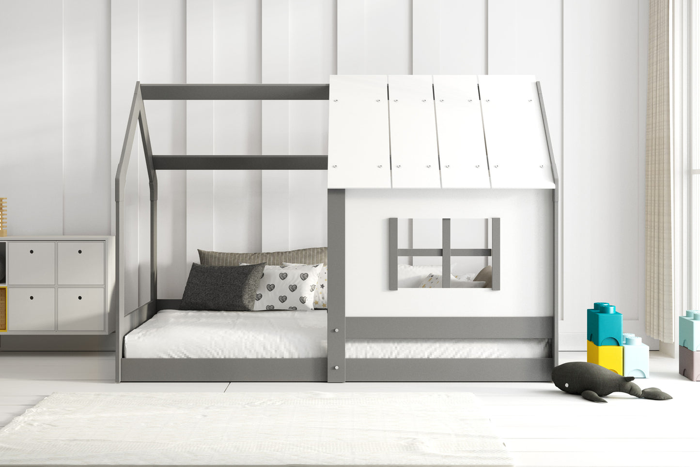 Vaikiška lova su stogeliu, grafito spalvos, 80x160, su čiužiniu – vaizdas 2