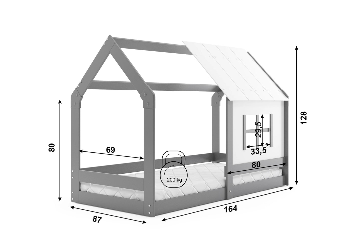 Vaikiška lova su stogeliu, grafito spalvos, 80x160, su čiužiniu – vaizdas 3