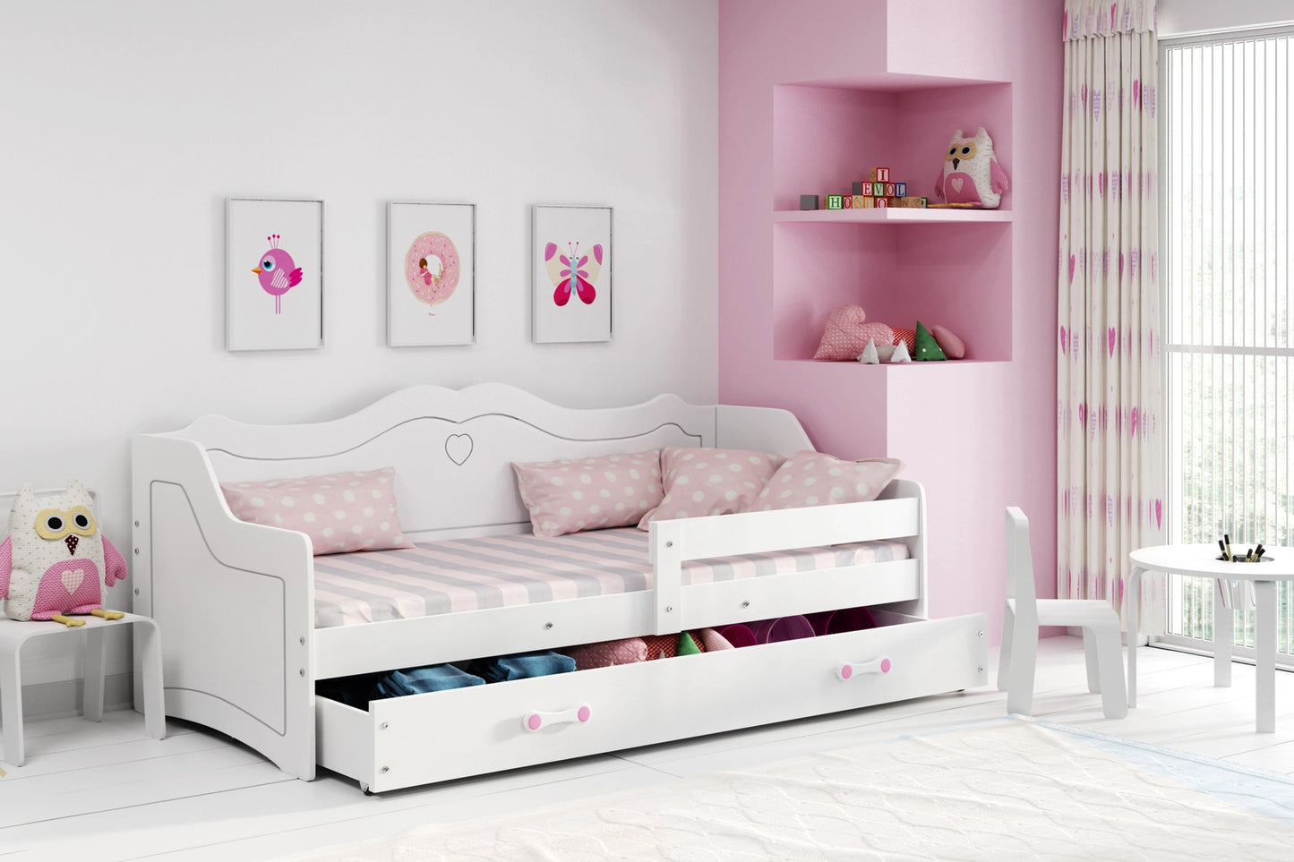 Mergaitiška vaikiška lova 80x160 su čiužiniu ir stalčiumi, balta – pagrindinis vaizdas