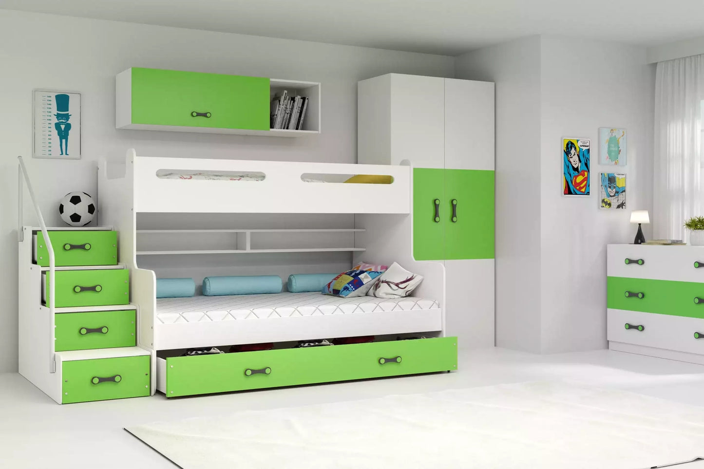 Dviaukštė jaunuolių lova MAX 3, 120x200 cm, žalia, su čiužiniais ir stalčiumi – vaizdas 3