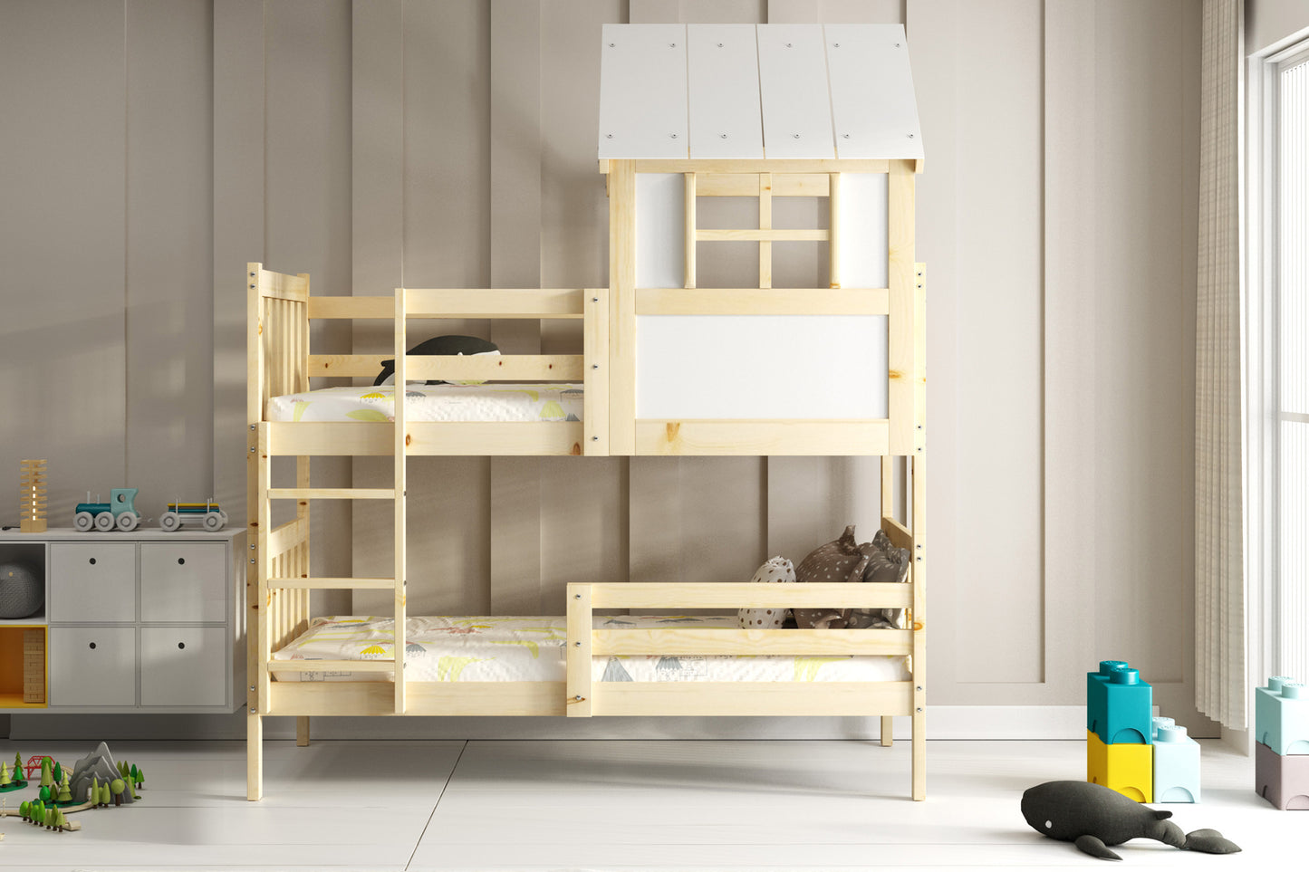 Dviaukštė lova „Cottage“ su stogeliu – „Kacper“ pagaminta iš natūralios medienos 90x190 su čiužiniu – vaizdas 2